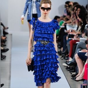 *$4,800 OSCAR DE LA RENTA GORGEOUS BLUE KNIT RUFFLE RUNWAY DRESS US XS, L
